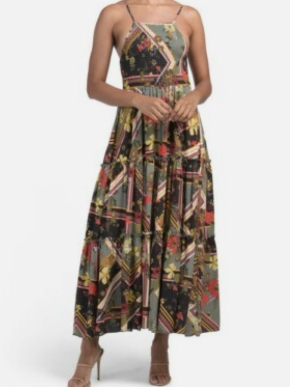 Olive Green Floral Print Tiered Maxi Dress